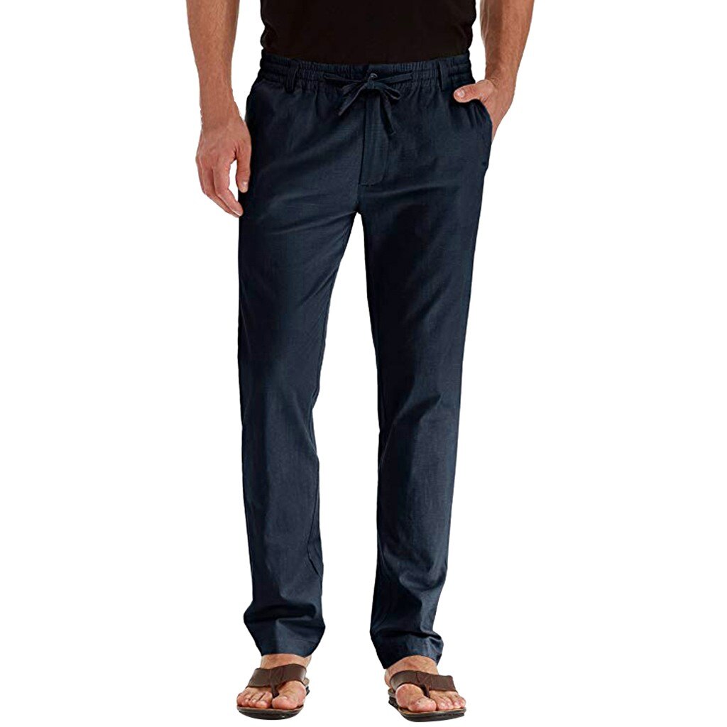 Men's Casual Linen Breathable Loose Long Pants Solid Color Straight Trousers High Quality Casual Travel