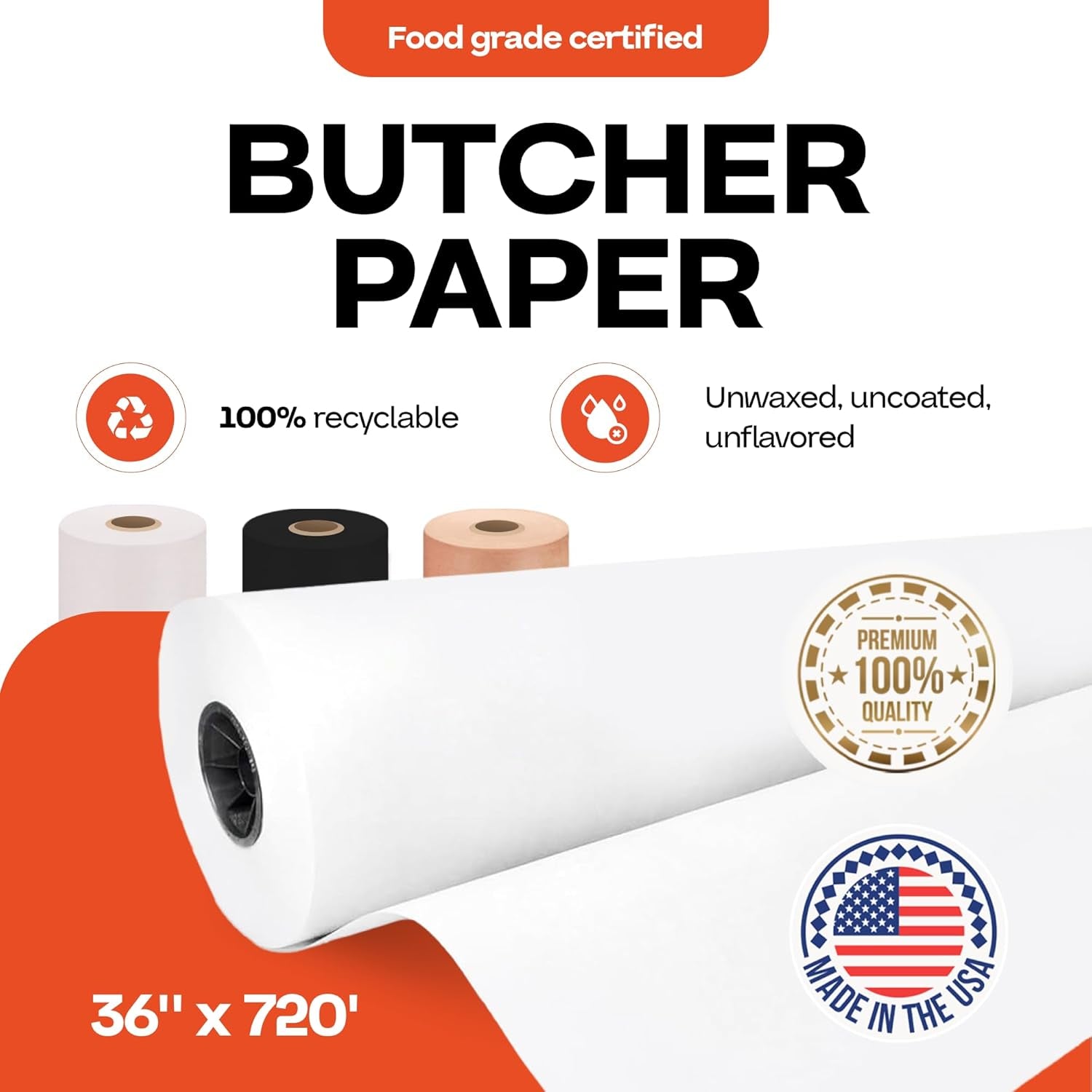 White Butcher Paper Roll 36" X 8640" (720 Feet) - Usa-Made Natural Food-Grade Paper for Cooking Meat and Fish - Unwaxed Material for Smoker, BBQ & Grilling by