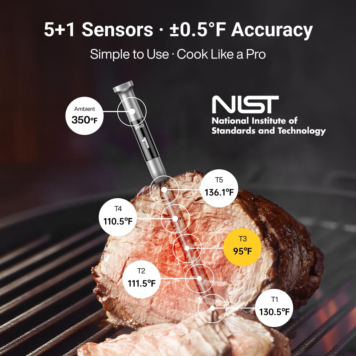 3000FT Smart Wireless Meat Thermometer, Sub-1G Long Range, 6 Sensors NIST Certified Accuracy, 2 Thin Probes, Standalone Base with Large LCD for Grill, Smoker, Oven, BBQ