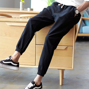 Cotton Linen Joggers Black Men's Harem Pants Harajuku Fitness Lace Up Spring Mens Trousers 2020 Summer Streetwear Clothes Male