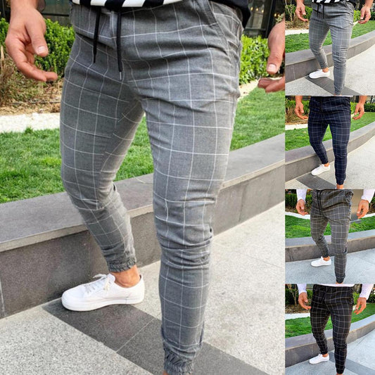 Fashion Men Pants Plaid Print Drawstring Elastic Casual Pencil Pants Trousers Jogging Pant Sports Long SlacksFor Men's Clothings