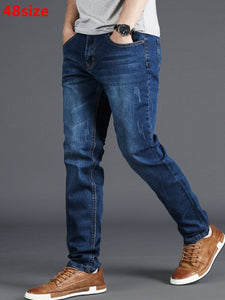 Spring jeans men's stretch blue men's high waist 130kg plus size XL oversized people slim long pants 48 46 44 42 40 38 36